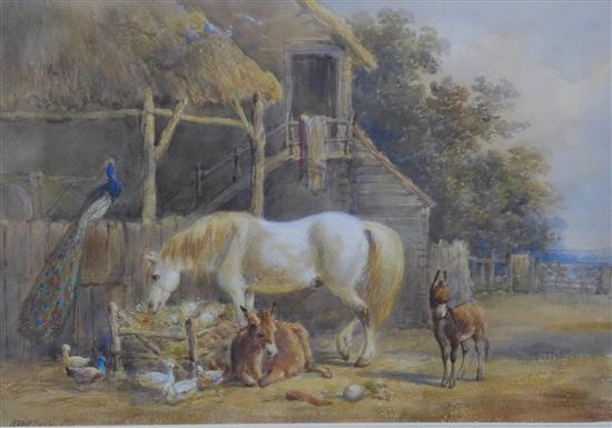 Henry Earp Snr (1831-1914) Horse, donkeys and a peacock beside a stable, 9.5 x 13.5in.